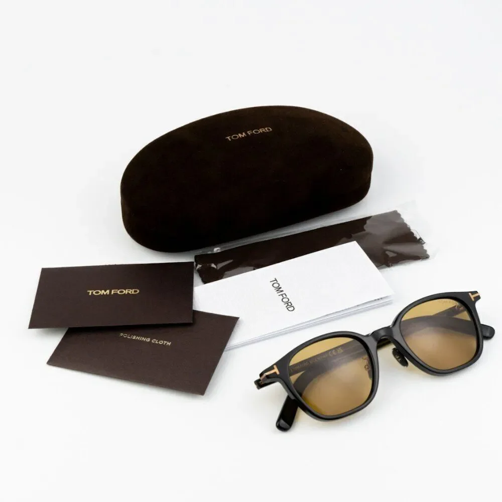 NEW Tom Ford FT0978-D/S Eco 01E Shiny Black Light Brown Square Unisex Sunglasses